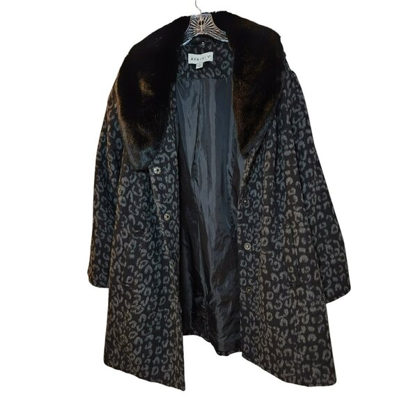 Ava & Viv Mid-Length Coat 2X Black & Gray Leopard Print Faux Fur Collar - Picture 9 of 10